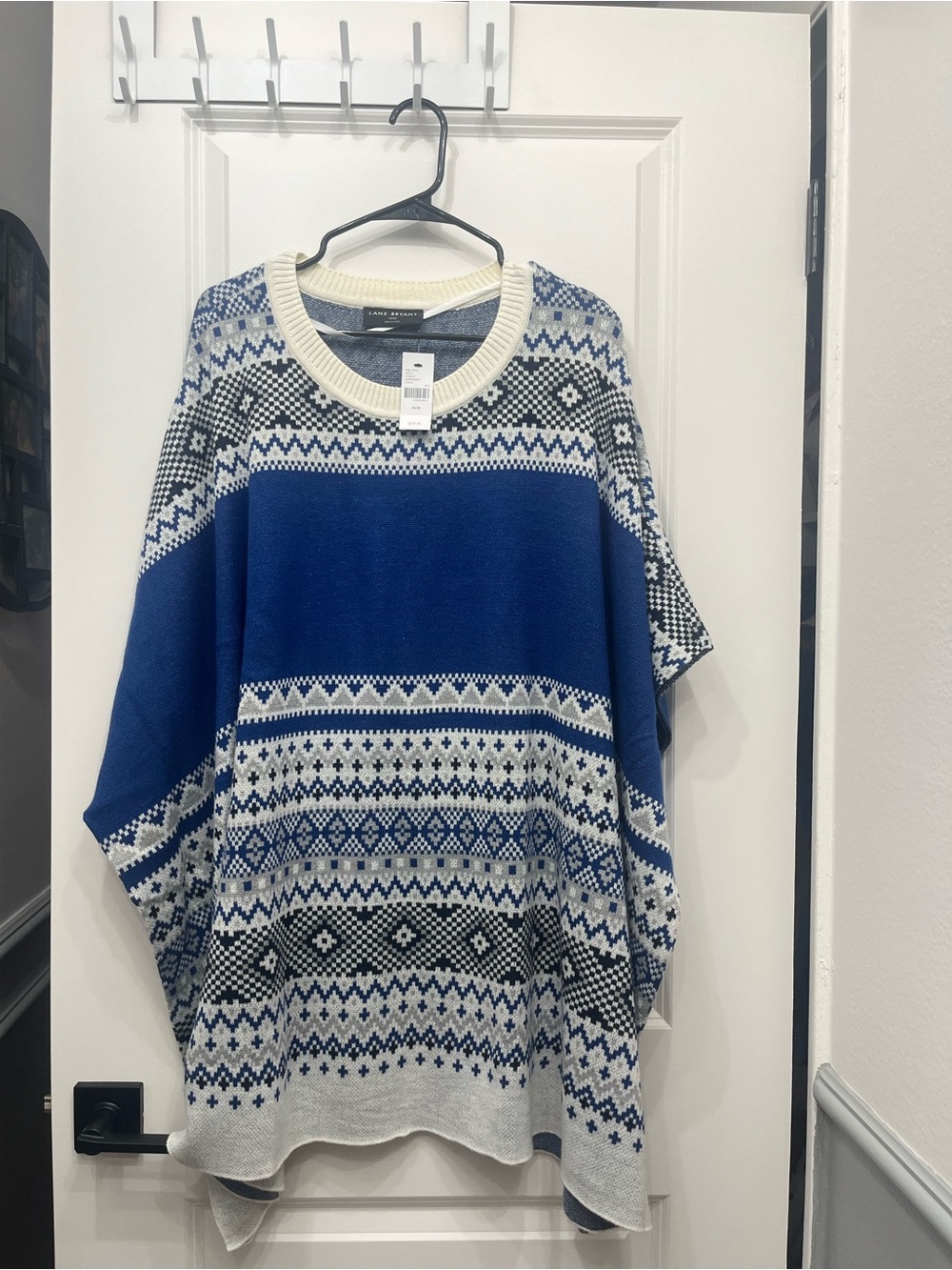 NWT Lane Bryant Blue and Cream Fair Isle Crewneck Sweater Poncho Sz 18/20
